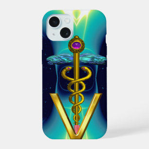 GOLDEN CADUCEUS VETERINARY SYMBOL / Teal Blue iPhone 15 Case