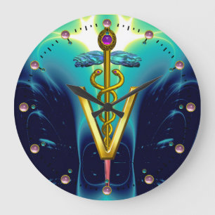 GOLDEN CADUCEUS VETERINARY SYMBOL / Teal Blue Large Clock