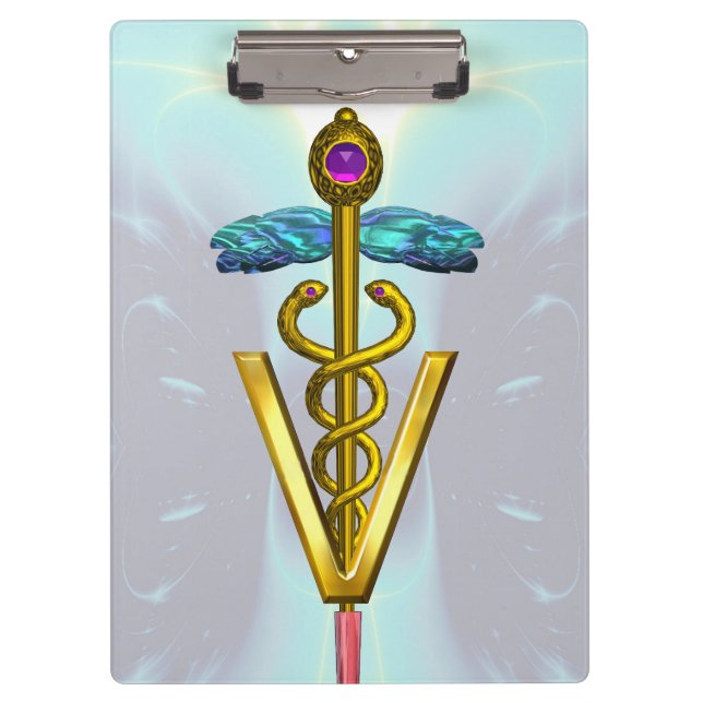 GOLDEN CADUCEUS VETERINARY SYMBOL /Teal Blue White Clipboard (Front)