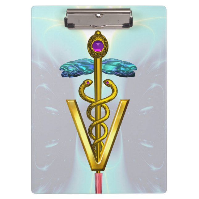 GOLDEN CADUCEUS VETERINARY SYMBOL /Teal Blue White Clipboard (Front)
