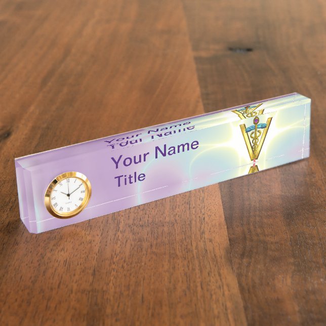 GOLDEN CADUCEUS VETERINARY SYMBOL /Teal Lilac Nameplate (Side)