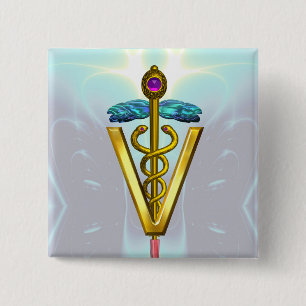 GOLDEN CADUCEUS VETERINARY SYMBOL / Teal White 2 Inch Square Button