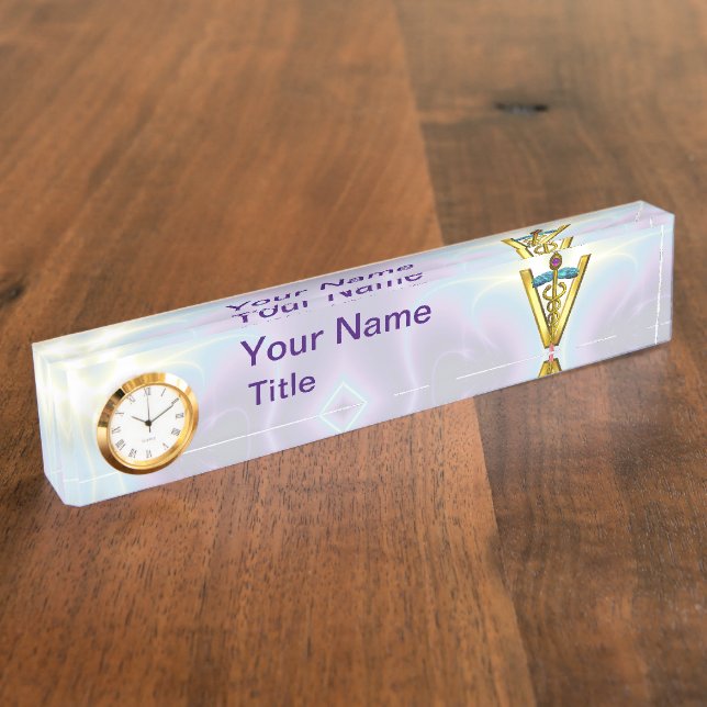 GOLDEN CADUCEUS VETERINARY SYMBOL /Teal White Nameplate (Side)