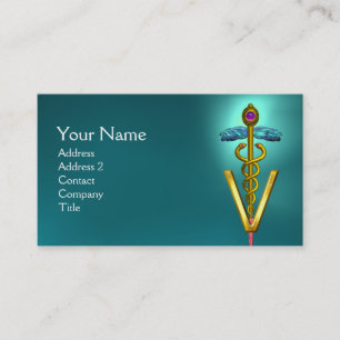 GOLDEN CADUCEUS VETERINARY SYMBOL / Turquoise Blue Business Card