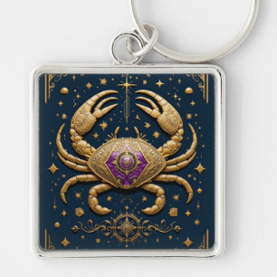 Golden Cancer Zodiac Symbol on Dark Background Keychain