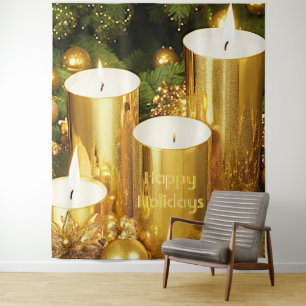 Golden Candles Christmas Holiday Backdrop Tapestry