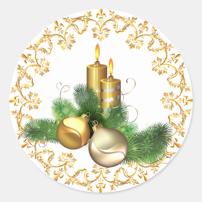 Golden Candles With Garland Elegant Classic Round Sticker (Front)