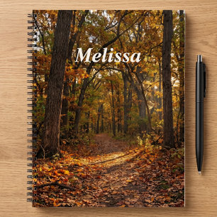 Golden Canopy Autumn Path Custom Name Notebook