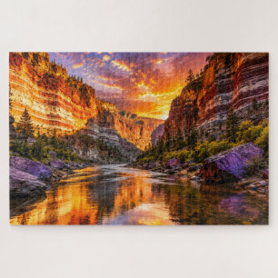 Golden Canyon Reflections   Dramatic Sunset River  Jigsaw Puzzle