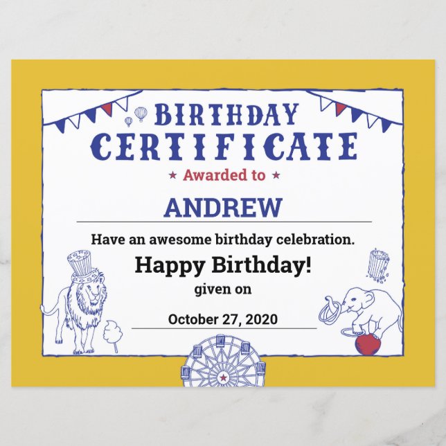 Golden Carnival Circus Baby Birthday Certificate (Front)