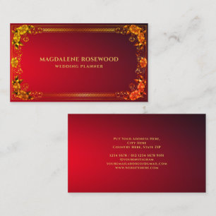 Golden Carved Regal Flowers Frame on Bright Red Business Card