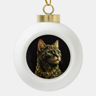 Golden Cat Green Eyes Elegant Art Ceramic Ball Christmas Ornament