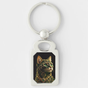 Golden Cat Green Eyes Elegant Art Keychain