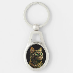 Golden Cat Green Eyes Elegant Art Keychain