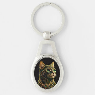 Golden Cat Green Eyes Elegant Art Keychain