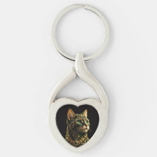Golden Cat Green Eyes Elegant Art Keychain