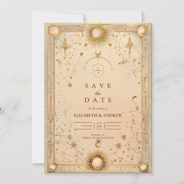 Golden Celestial Baroque Wedding Save The Date (Front)