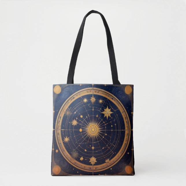 Golden Celestial Design with Sun and Orbits Tote Bag (Front)