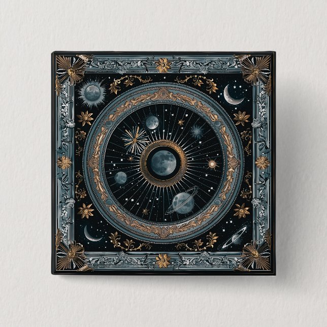 Golden Celestial Moon Orbit with Detailed Astral 2 Inch Square Button (Front)