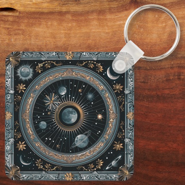 Golden Celestial Moon Orbit with Detailed Astral Keychain (Back)