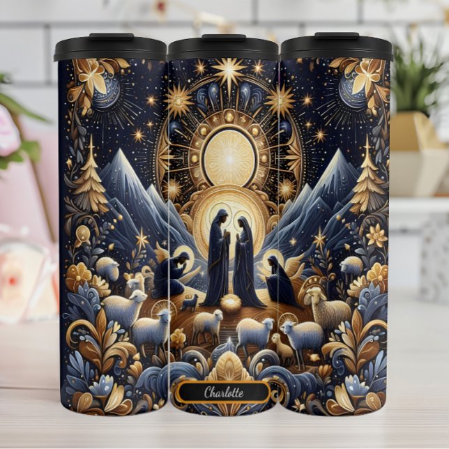 Golden Celestial Nativity Night Scene Thermal Tumbler (Creator Uploaded)