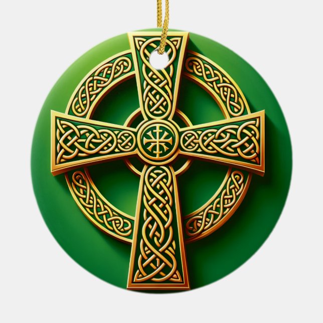Golden Celtic Cross on Green Ceramic Ornament (Front)
