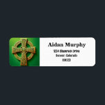 Golden Celtic Cross on Green Return Address<br><div class="desc">This design showcases a majestic Celtic cross in a resplendent gold colour set against a vivid green background. Renowned for its distinctive circle intersecting the cross arms, the Celtic cross in this artwork is adorned with traditional Celtic knot patterns, adding depth and historical context. The metallic gold hue of the...</div>