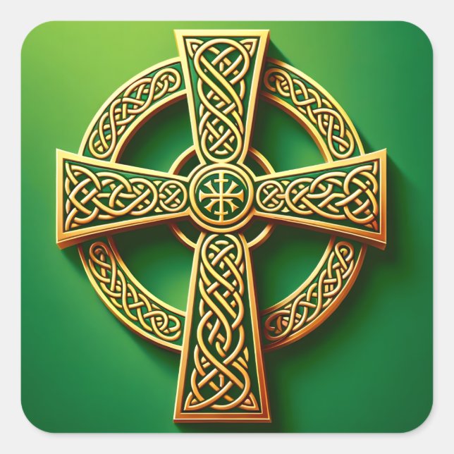 Golden Celtic Cross on Green Square Sticker (Front)