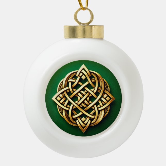 Golden Celtic Knot on Green Ceramic Ball Christmas Ornament (Front)