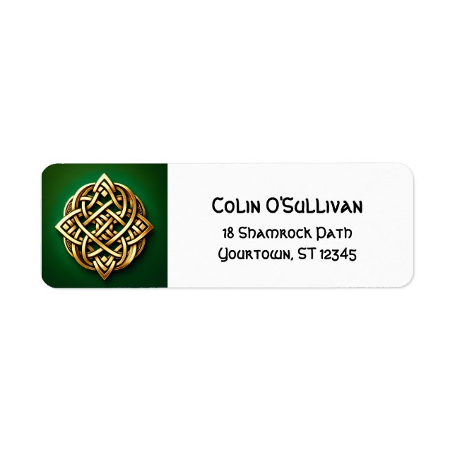 Golden Celtic Knot on Green Return Address Label (Front)