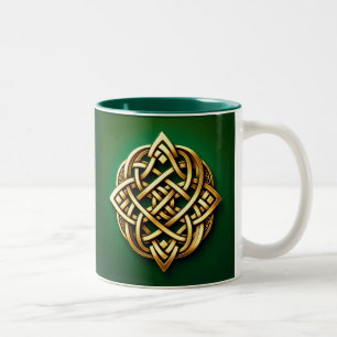 Golden Celtic Knot on Green Two-Tone Coffee Mug