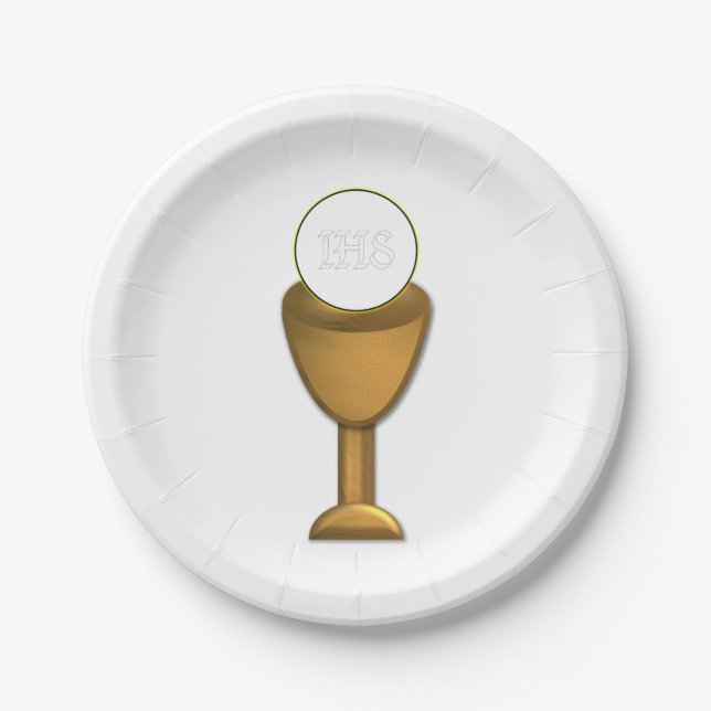 Golden Chalice and Host - Holy Communion Paper Plate (Front)