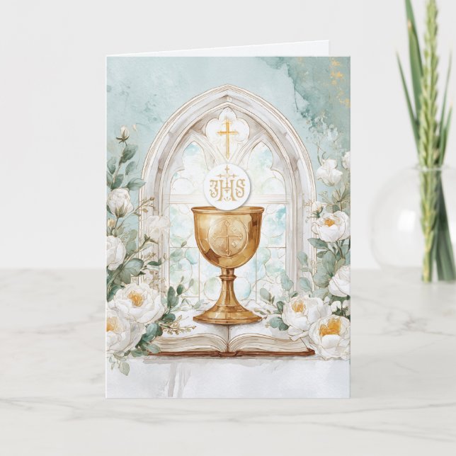 Golden Chalice & White Roses Priest Birthday  Card
