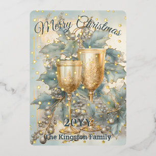 Golden Chalise Watercolor Holly Berries Christmas  Foil Holiday Card
