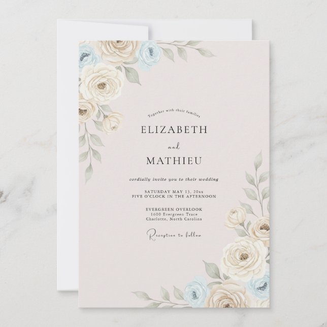 Golden Champagne Azure Leafy Wedding Invitation (Front)