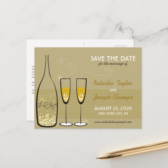 Golden Champagne Bubbles Celebration Save The Date Announcement Postcard (Front/Back In Situ)