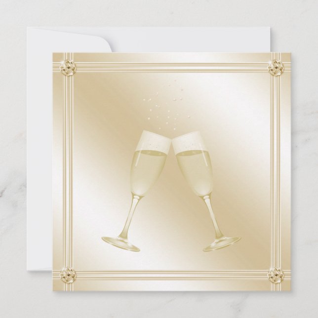 Golden Champagne Glass & Sapphire Engagement Party Invitation (Front)