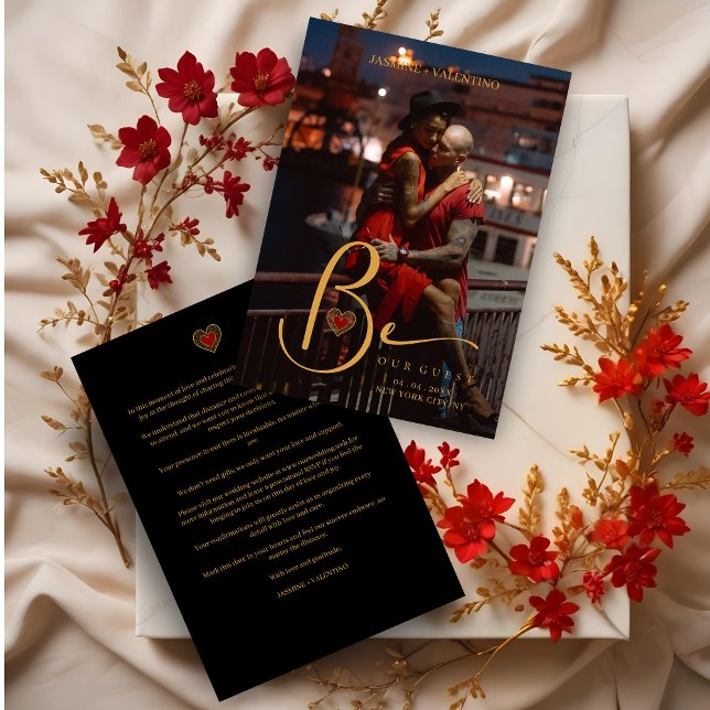 Golden Charm Heart in Red Custom Photo Wedding Save The Date (Celebrate your special day with our charming Golden Charm Heart in Red custom photo wedding Cards.)