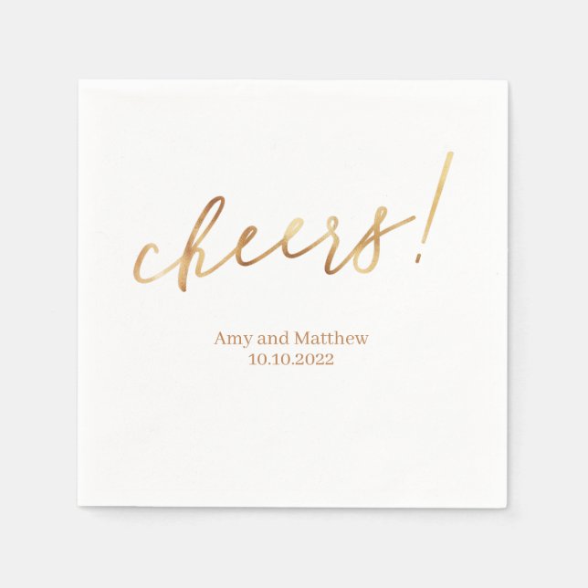 Golden Cheers Mr & Mrs Name Date White Background Napkin (Front)