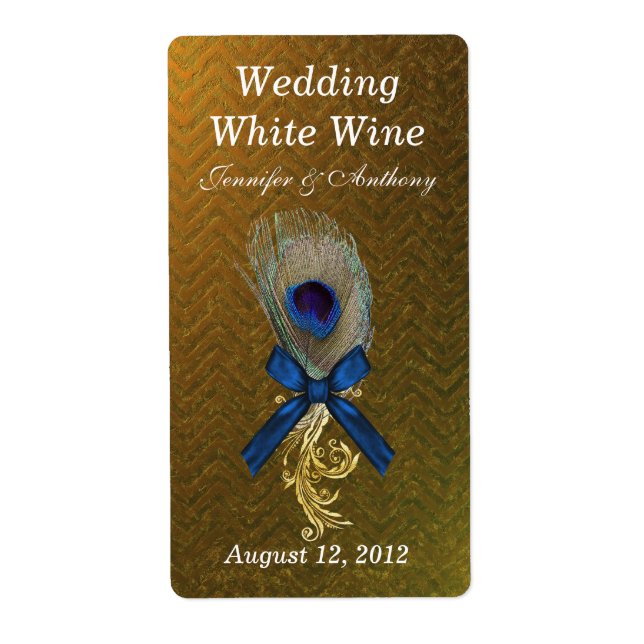 Golden Chevron Peacock Feather Wedding Mini Wine (Front)