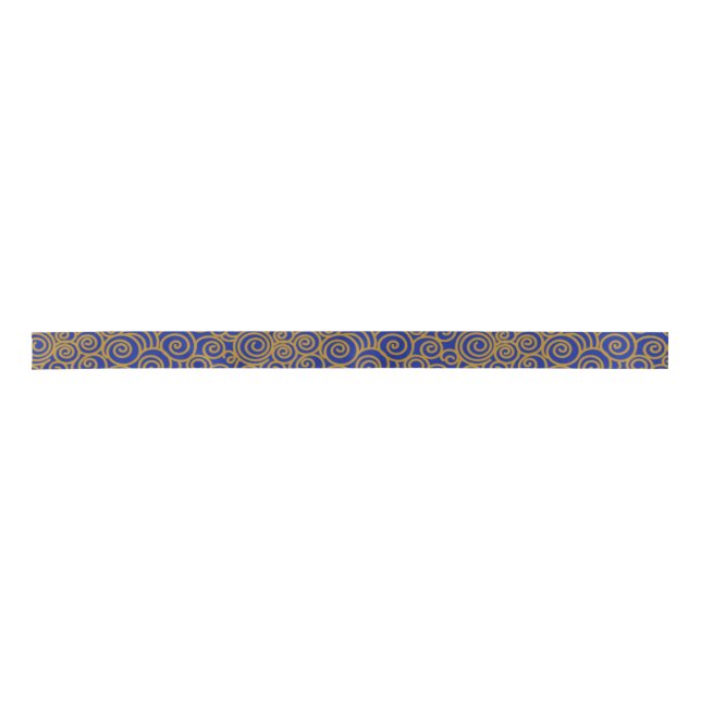 Golden Chinese Auspicious Clouds Pattern on Indigo Satin Ribbon (Front)