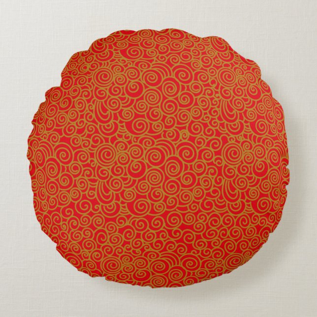 Golden Chinese Auspicious Clouds Pattern on Red Round Pillow (Front)