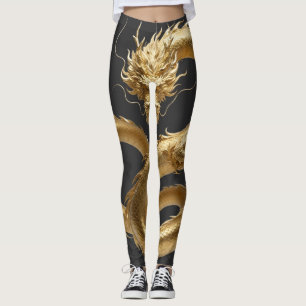 Golden Chinese Dragon Art   Mythical Creature Fant Leggings