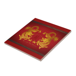Golden Chinese Dragon with old Ideogram T Tile