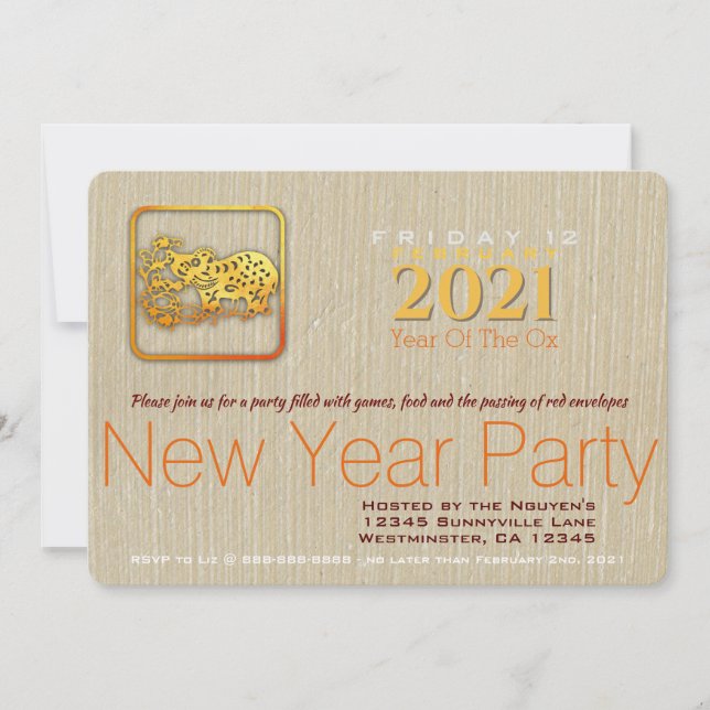 Golden Chinese Paper-cut Ox Year 2021 Party Inv (Front)