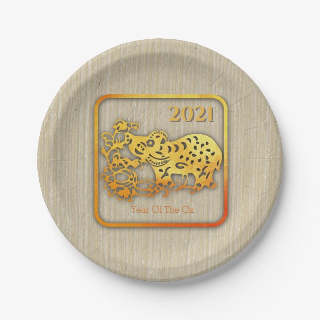 Golden Chinese Paper-cut Ox Year 2021 PP Paper Plate (Front)