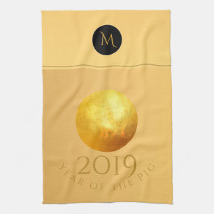Golden Chinese Pig Papercut 2019 Monogram KitchenT Kitchen Towel