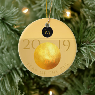 Golden Chinese Pig Papercut 2019 Monogram O Ceramic Ornament