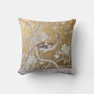 Golden Chinoiserie with Crane in Neutral Colors Throw Pillow