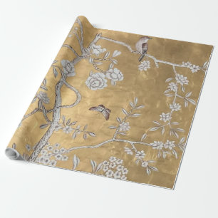 Golden Chinoiserie with Sparrow & Butterfly  Wrapping Paper